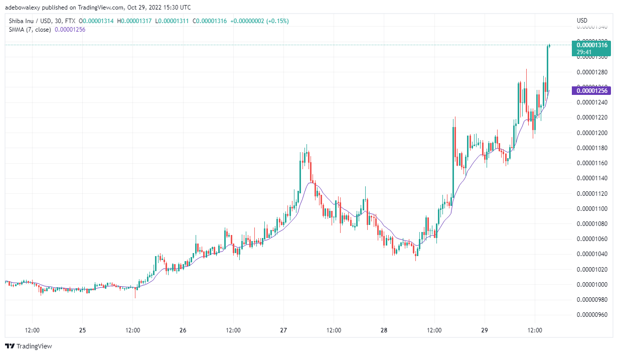 Shiba Inu Price Prediction Today, October 30, 2022: SHIB/USD Trends Upwards